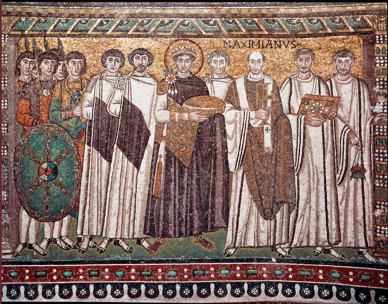 Keizer Justinianus I en zijn gevolg van ambtenaren, bewakers en geestelijken, ca. 547 na Chr. door Byzantine School