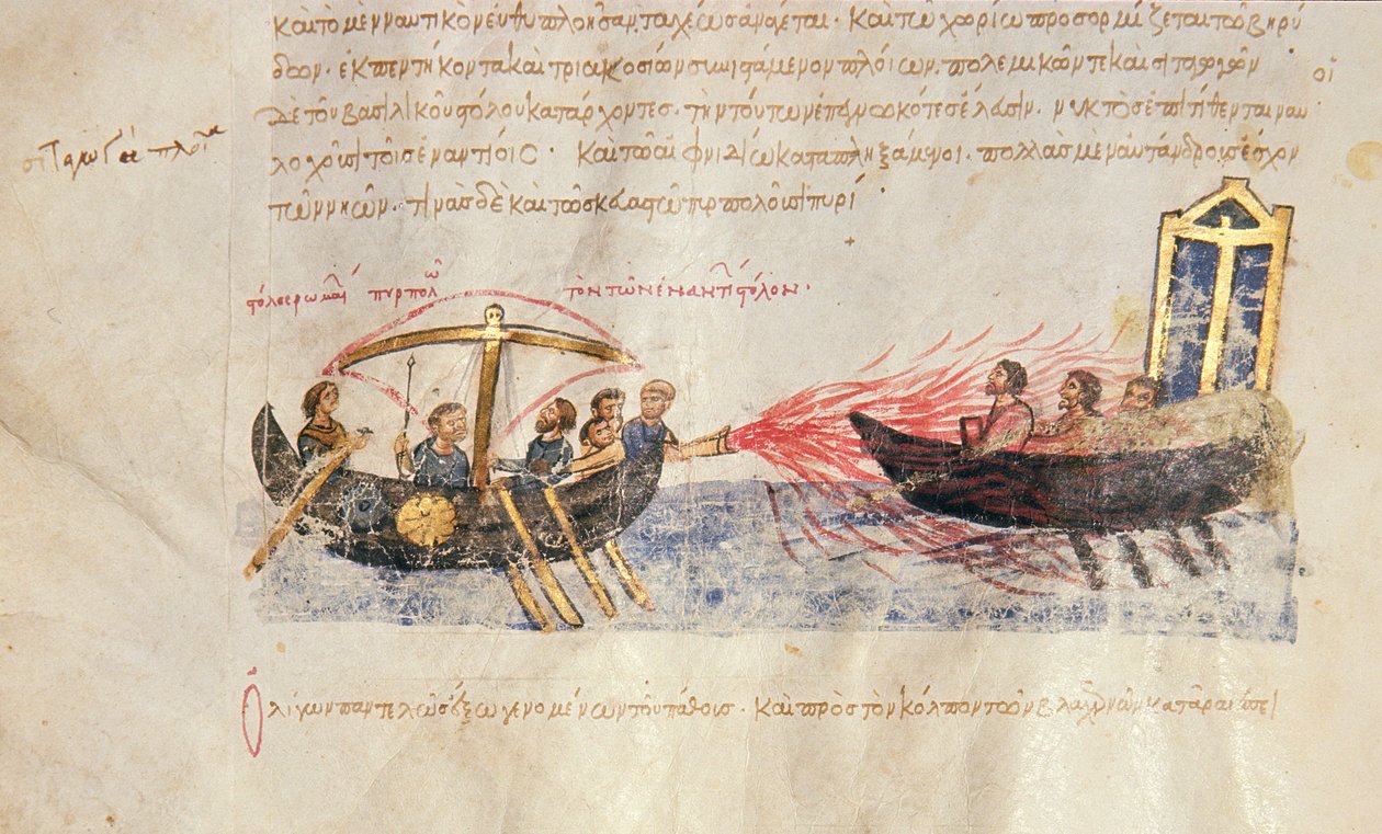 Grieks vuur, Fol. 34v uit de Madrid Skylitzes door Byzantine School