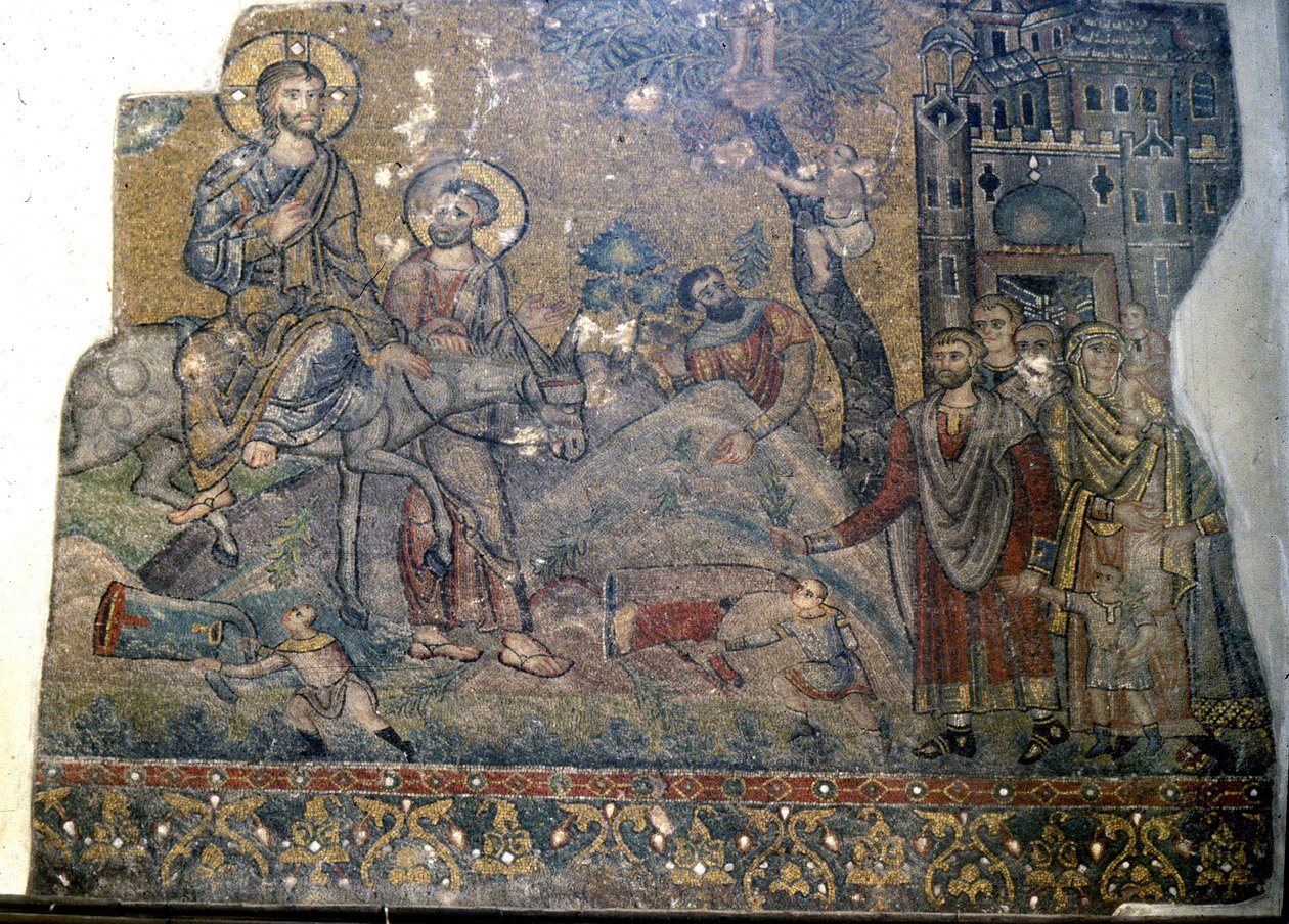 Jezus die Jeruzalem binnengaat op Palmzondag, Geboortekerk, Bethlehem (mozaïek) door Byzantine School
