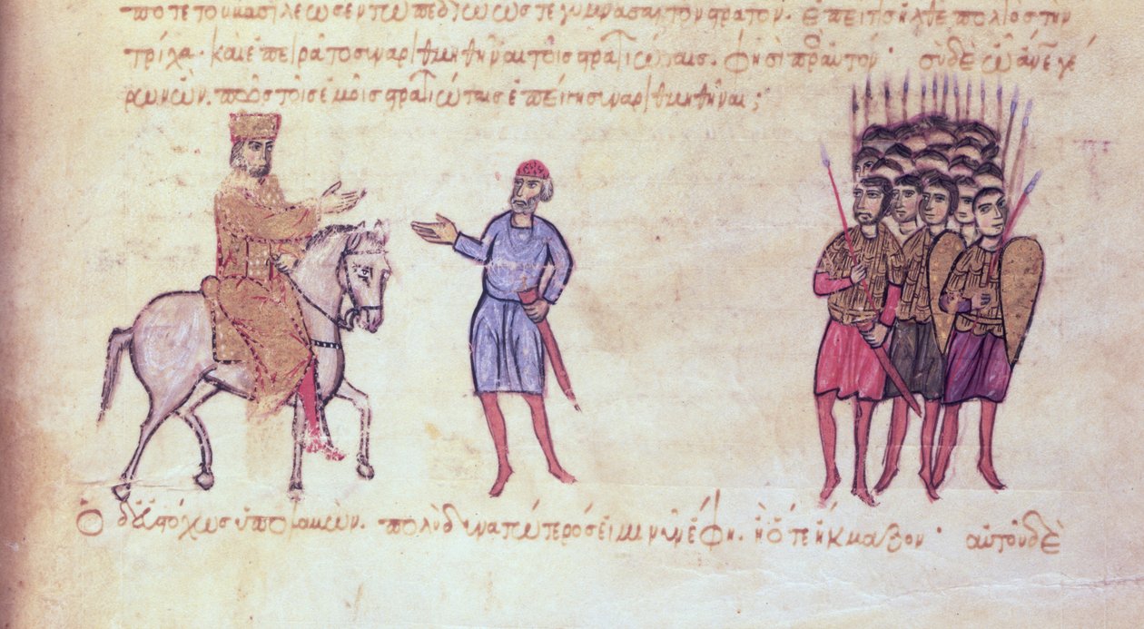 MMS Vitr 26-7 Het Byzantijnse leger verjaagt de Bulgaren van de Tzar Krum, uit de Madrid Skylitzes door Byzantine School