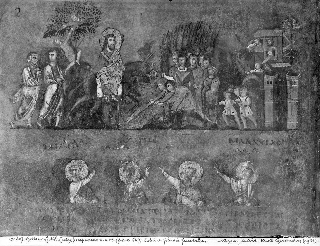 De intocht van Jezus in Jeruzalem, uit de Codex Purpureus door Byzantine School