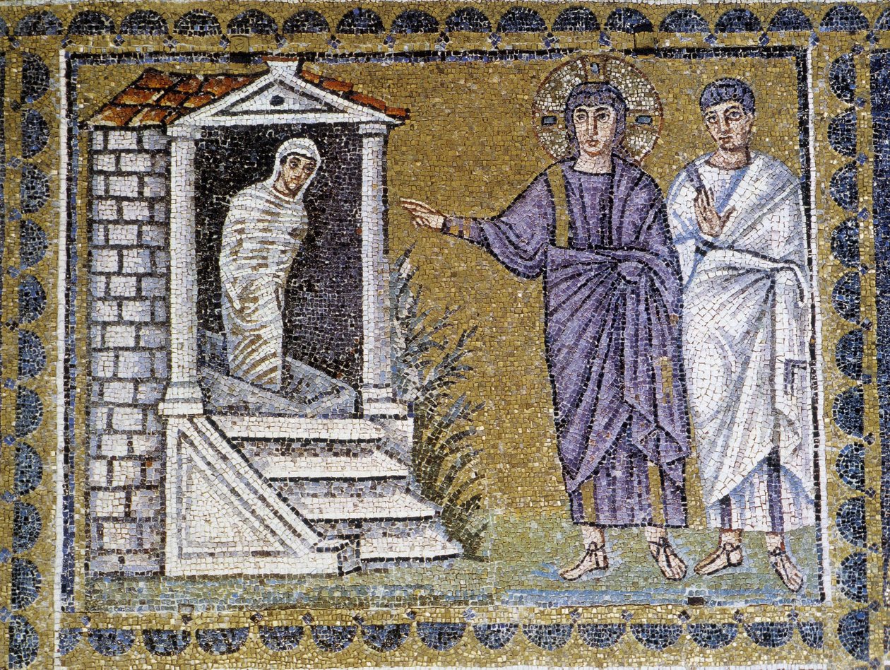 Opstanding van Lazarus, muurschildering mozaïek in de kerk van Sint Apollinaris, Ravenna, 6e eeuw door Byzantine School