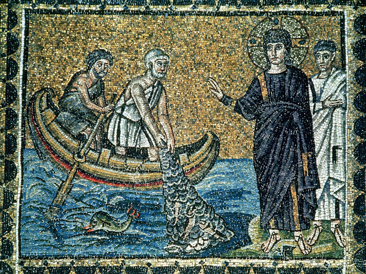 St. Andreas en St. Petrus reageren op de roep van Jezus, uit het hoofdschip door Byzantine School