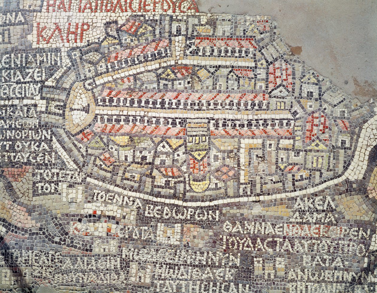 De Stad Jeruzalem en het omliggende gebied, detail van de Madaba mozaïekkaart, Byzantijns, 6e eeuw door Byzantine School