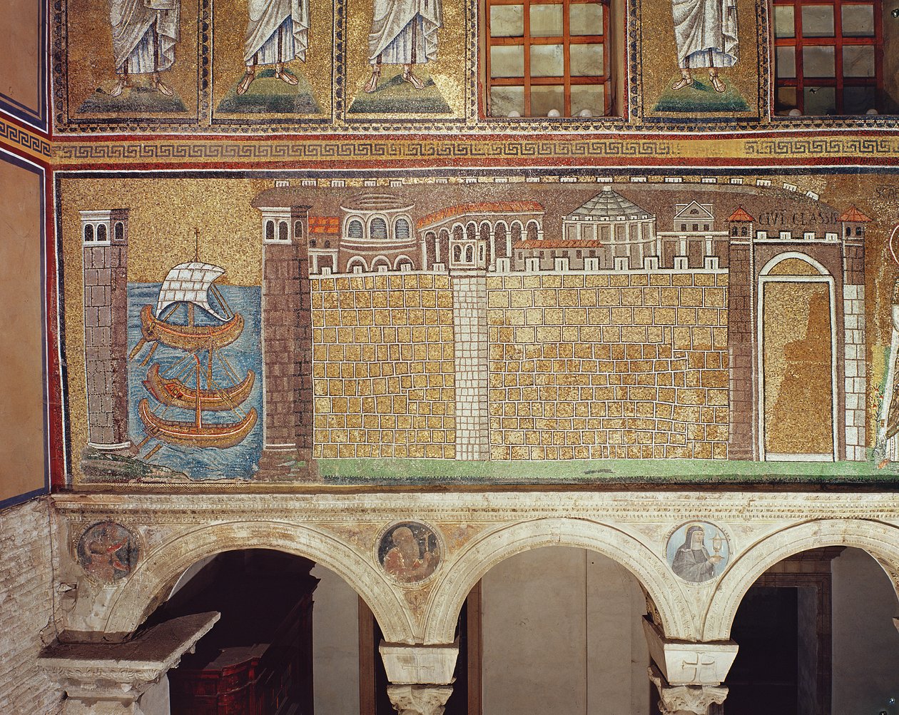 De vloot in de haven van Ravenna, 535-38 AD (mozaïek) door Byzantine School
