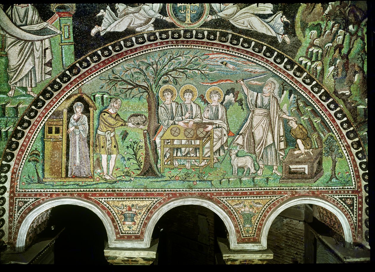 De Gastvrijheid van Abraham en het Offer van Isaac, 6e eeuw (mozaïek) door Byzantine School