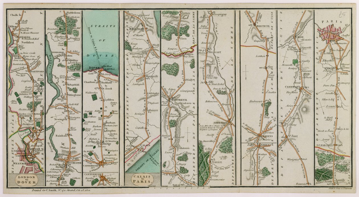 Een Nieuw Plan van de Weg van Londen naar Dover en van Calais naar Parijs, gegraveerd door Smith en Jones, 1801 door C. A. Smith