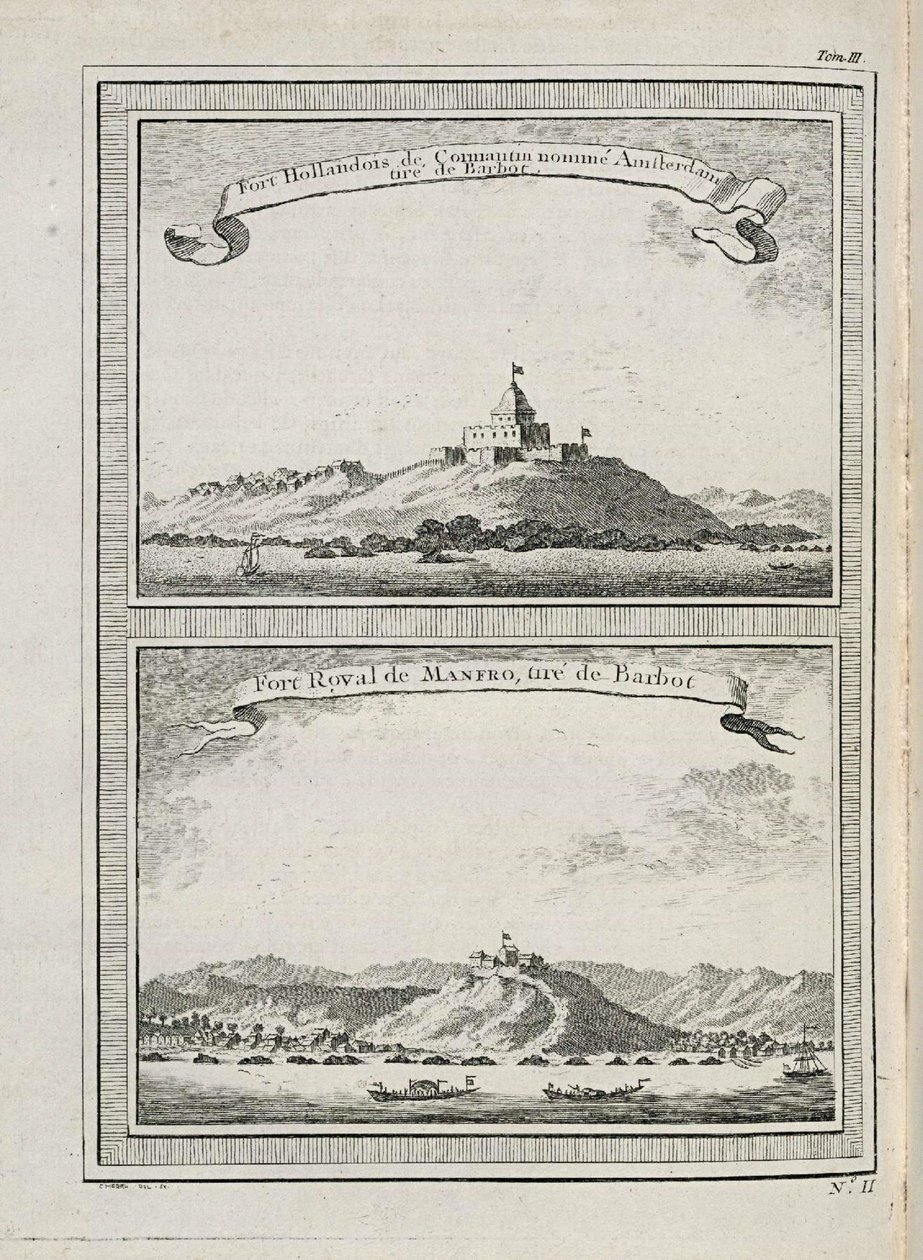 Gezicht op de forten van Amsterdam op Cormantin en het fort van Groot Frederiksborg in Princes Town door C. Hedel
