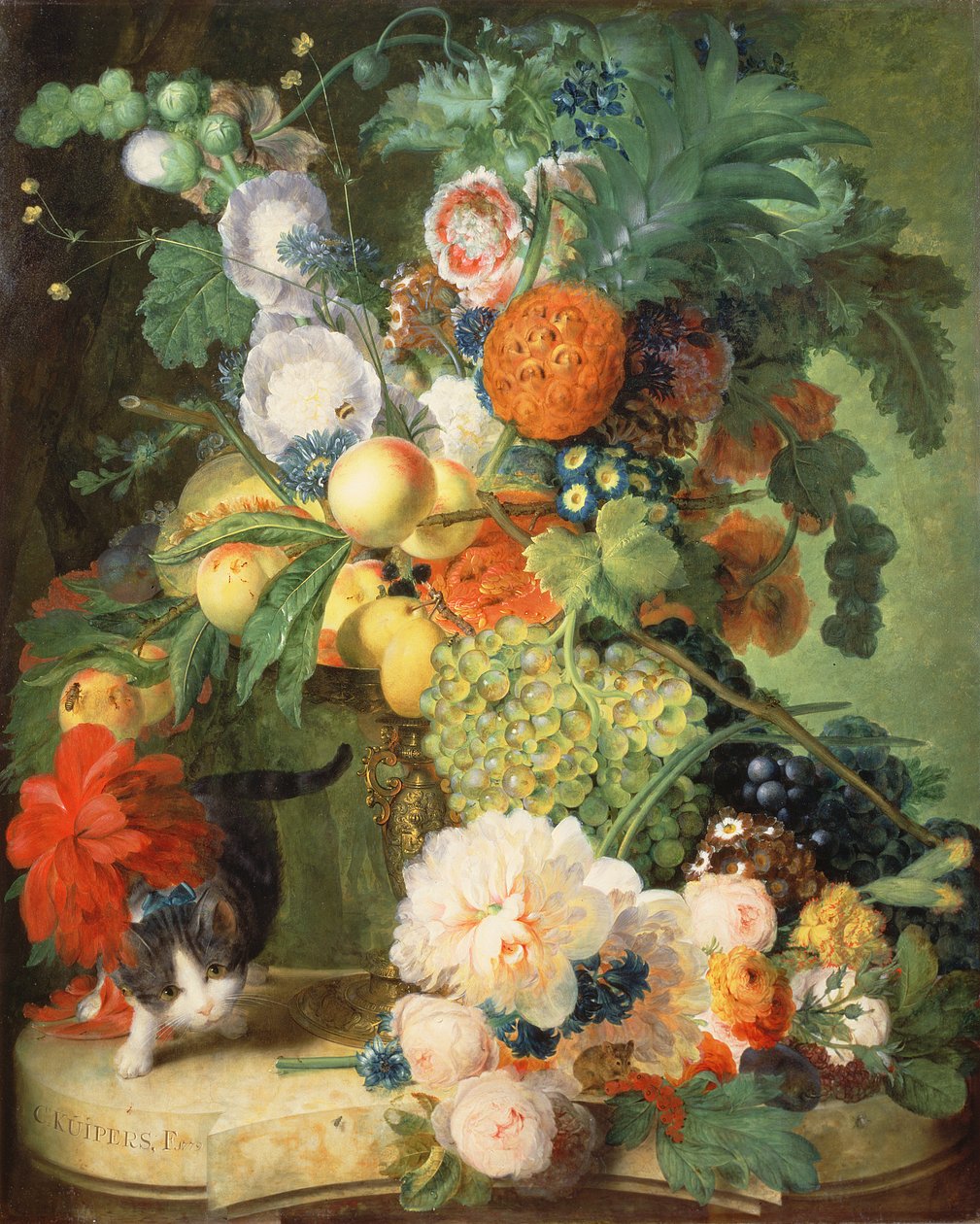 Stilleven met bloemen en kat door C. Kuipers