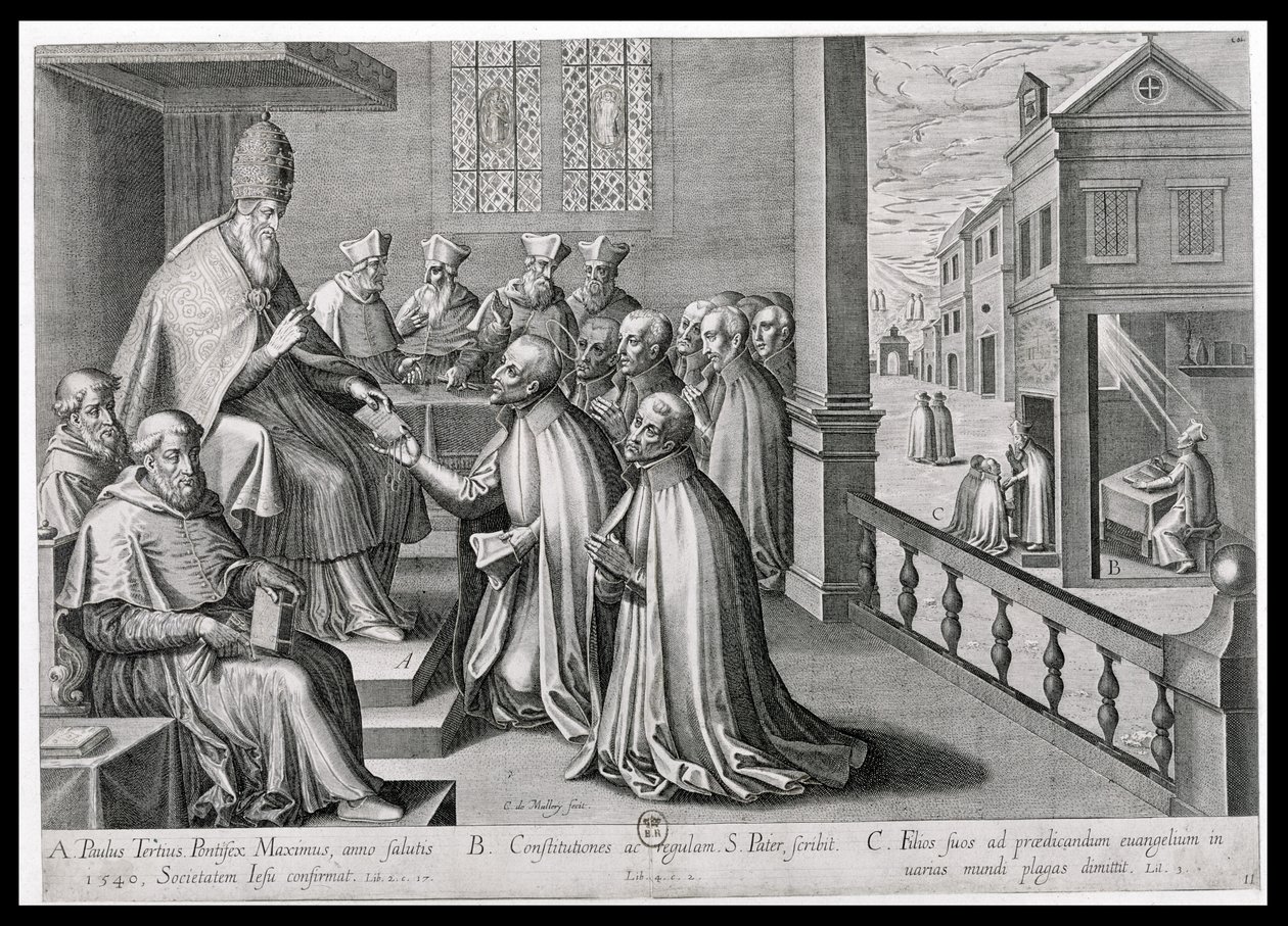 Paus Paulus III (1468-1549) ontvangt de regel van de Sociëteit van Jezus, 1540 door C. Malloy