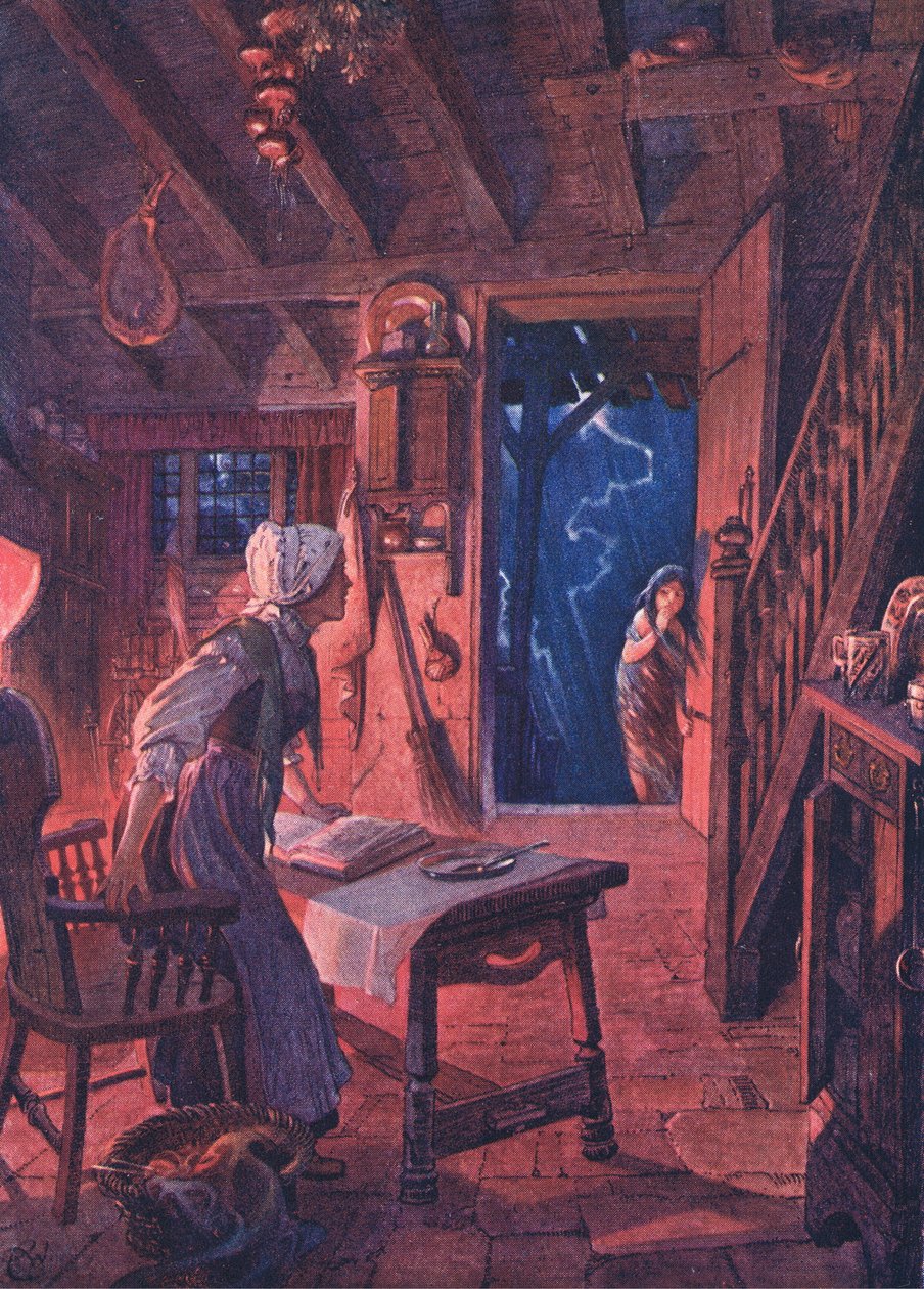 De deur vloog open, en op de drempel zag de geschrokken vrouw een jong meisje, uit Het Kind van de Lucht uitgegeven door Duckworth, 1910 door C. Wilhelm