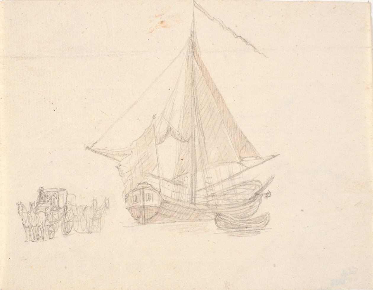 Een schip met zeil en wimpel en een sloep. Links twee paardenwagens door C.A. Lorentzen