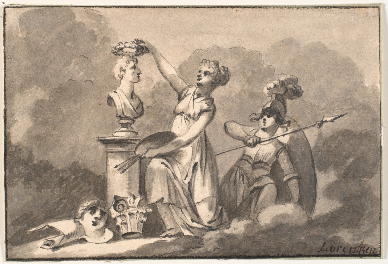 Kunst en wetenschap bekransen een buste door C.A. Lorentzen