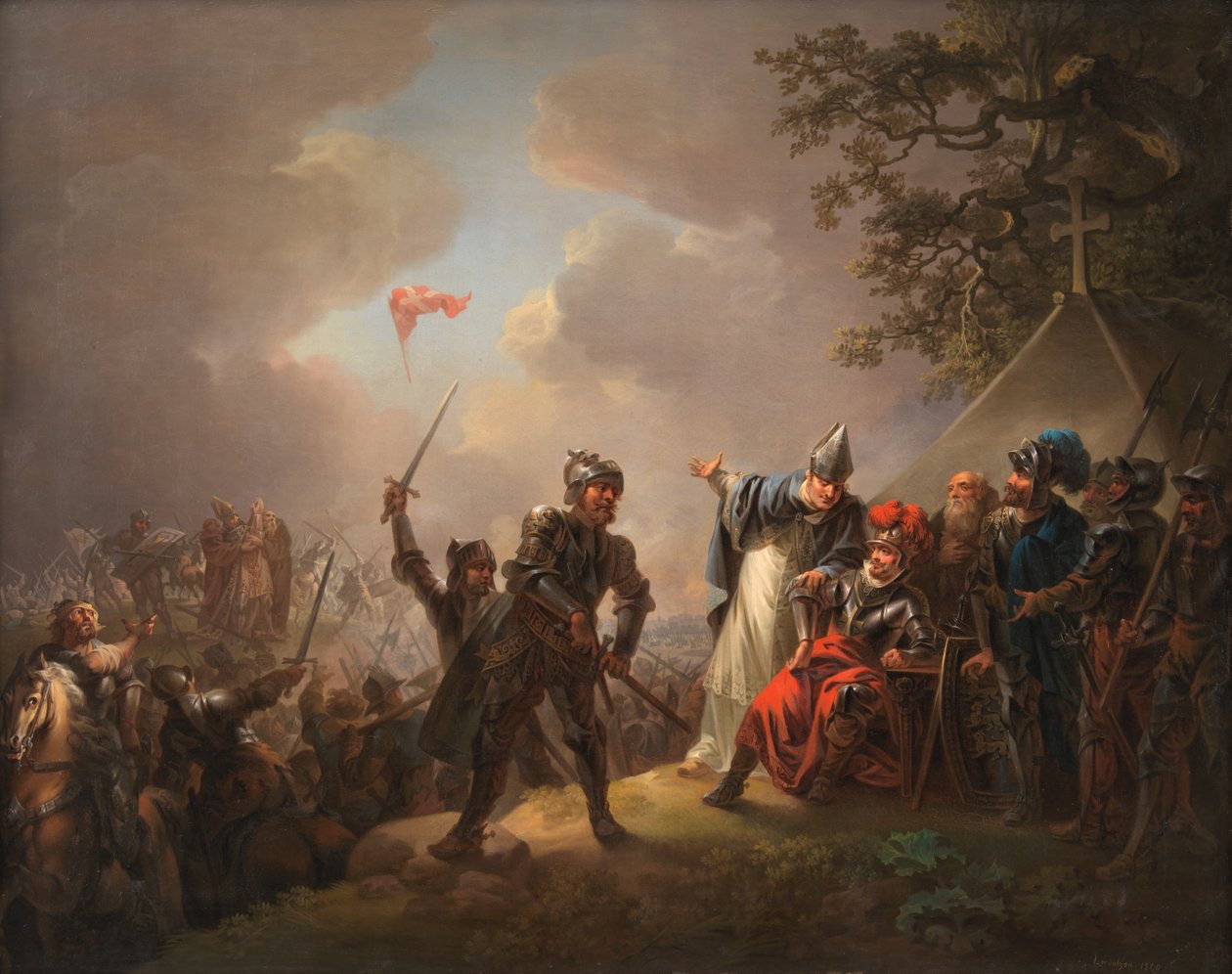 De legende van de Deense vlag (de Dannebrog) die uit de hemel viel tijdens de Slag bij Lyndanise (Tallin) in Estland in 1219 door C.A. Lorentzen