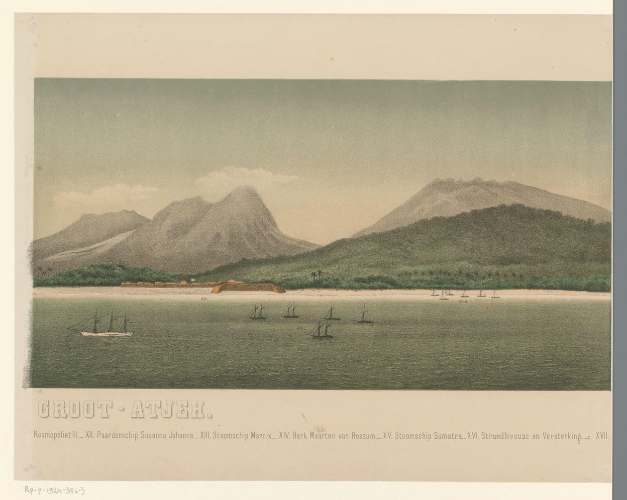 Gezicht op de kust van Groot-Atjeh, met voor de kust de vloot van de Eerste Atjeh-expeditie, derde deel door C.A. Whitten