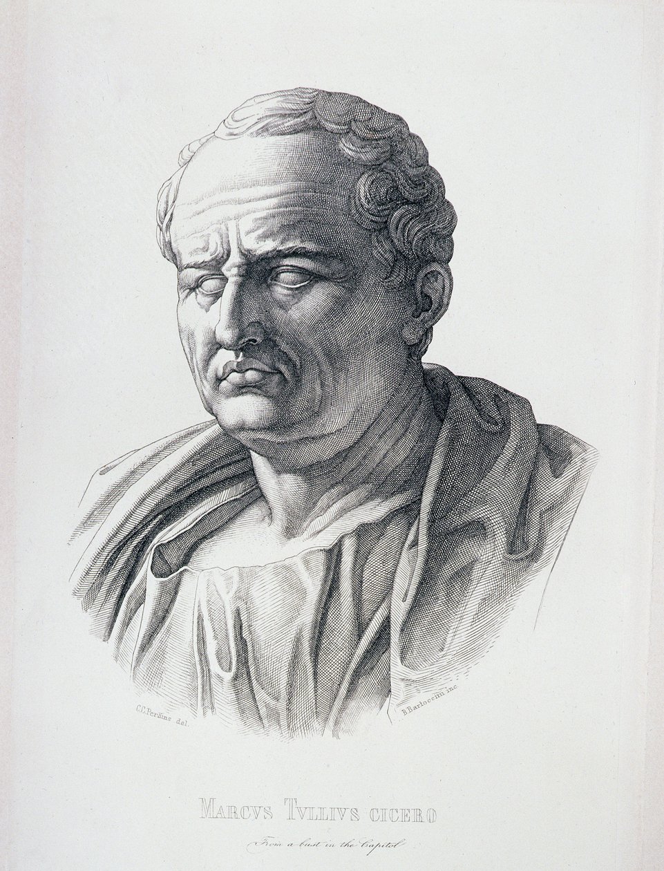 Portret van Marcus Tullius Cicero (106-43 v.Chr.) gegraveerd door B. Bartoccini, 1849 door C.C Perkins