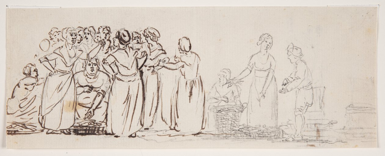 Schets met vissersvrouwen en handelaren door C.D. Fritzsch