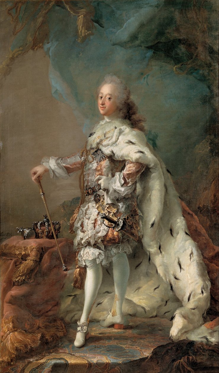 Portret van Frederik V in zalvingsgewaad door C.G. Pilo