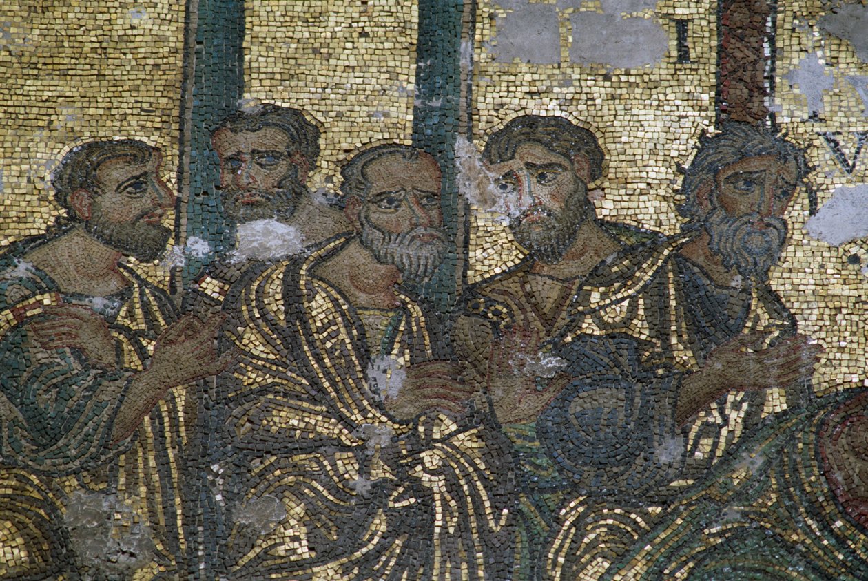 Afbeelding van de apostelen, detail van de Twijfel van St. Thomas mozaïek, Geboortekerk (Unesco Werelderfgoedlijst, 2012), Bethlehem, Palestina door J.B. and Brown J. Rowbotham