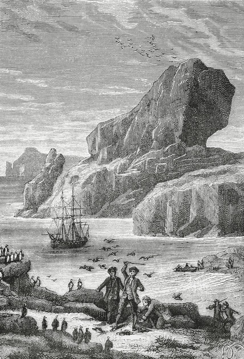 Ontdekking van Austral Frankrijk (Kerguelen-eilanden) door Franse ontdekkingsreiziger Yves-Joseph de Kerguelen-Tremarec (1734-1797), februari 1772, gravure, Indische Oceaan, Gebied van de Franse Zuidelijke en Antarctische Gebieden door J.B. and Brown J. Rowbotham