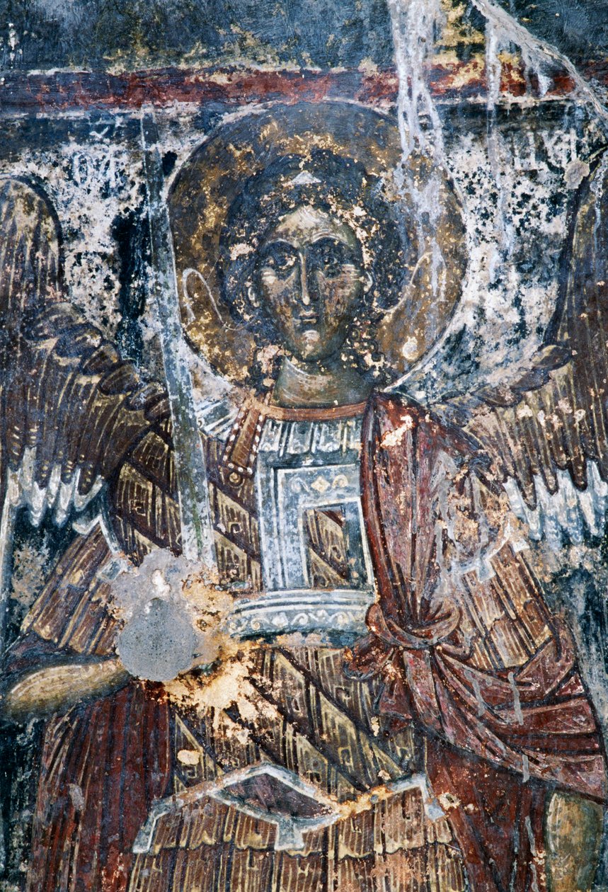 Paard, beschadigde fresco op plafond van de kerk van Agios Vasileios, Vavouledo, Kreta, Griekenland (foto) door J.B. and Brown J. Rowbotham