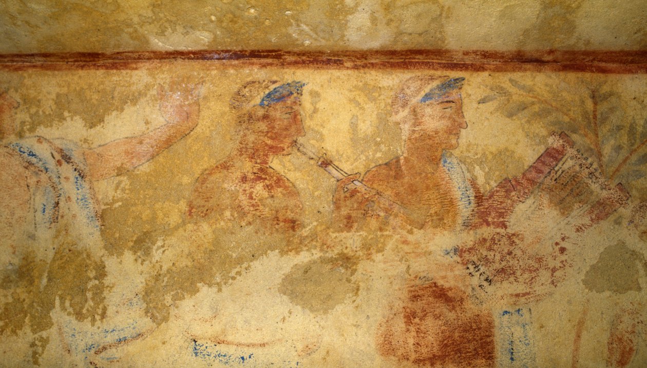 Muzikanten, fresco, detail, Graf van de Blauwe Demonen, Necropolis van Tarquinia (UNESCO Werelderfgoedlijst, 2004), Lazio, Italië. Etruskische beschaving, 5e eeuw v.Chr. (foto) door J.B. and Brown J. Rowbotham