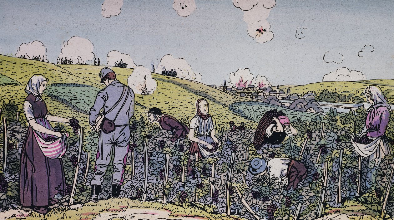 Onze wijnbouwers geoogst onder vuur, de oogst in de Champagnestreek in 1914, Eerste Wereldoorlog, Frankrijk, 20e eeuw door J.B. and Brown J. Rowbotham