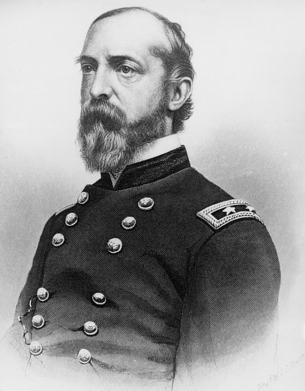 Portret van George Gordon Meade (1815-1872), generaal van het Amerikaanse leger en civiel ingenieur die een cruciale rol speelde in de Amerikaanse Burgeroorlog door het verslaan van het Confederale leger bij Gettysburg, gravure naar foto door J.B. and Brown J. Rowbotham
