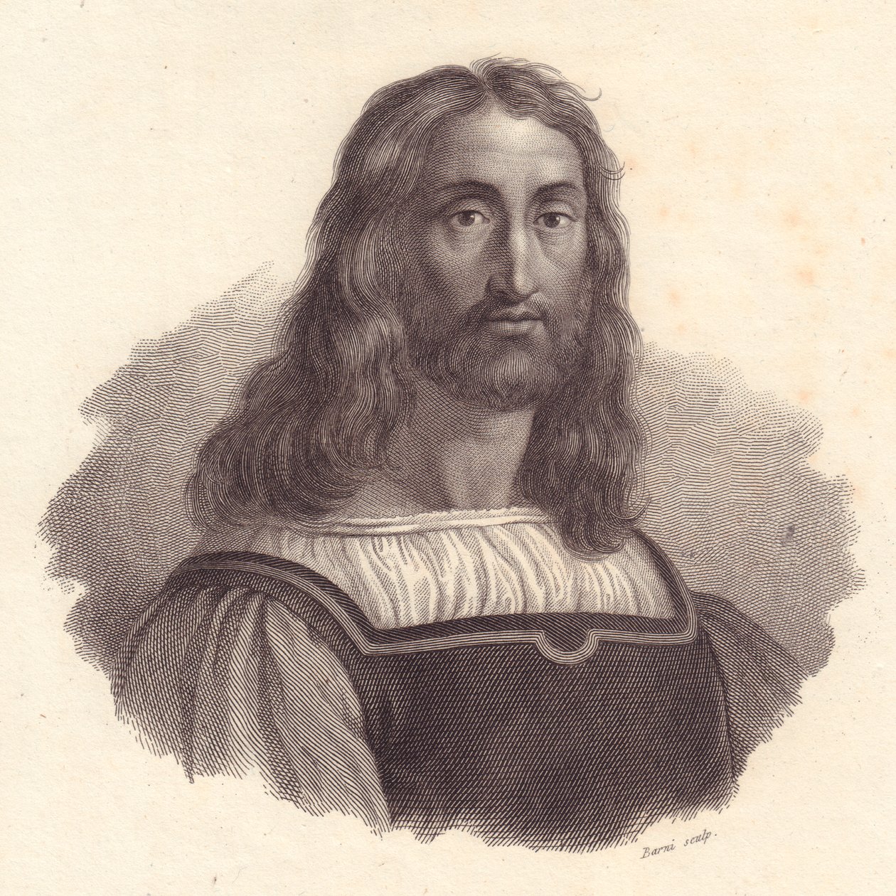 Portret van de Italiaanse graveur Marcantonio Raimondi, kopergravure door Barni naar schilderij van Raffaello Sanzio door J.B. and Brown J. Rowbotham