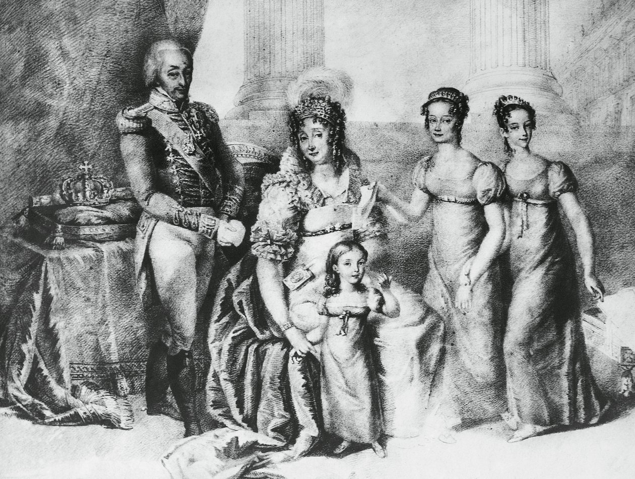 Portret van Victor Emmanuel I, Koning van Sardinië en Hertog van Savoye, Piëmont en Aosta, met zijn vrouw Maria Theresa van Oostenrijk-Este en zijn dochters, Maria Teresa van Savoye (1803-1879), Maria Anna van Savoye en Maria Cristina van Savoye door J.B. and Brown J. Rowbotham