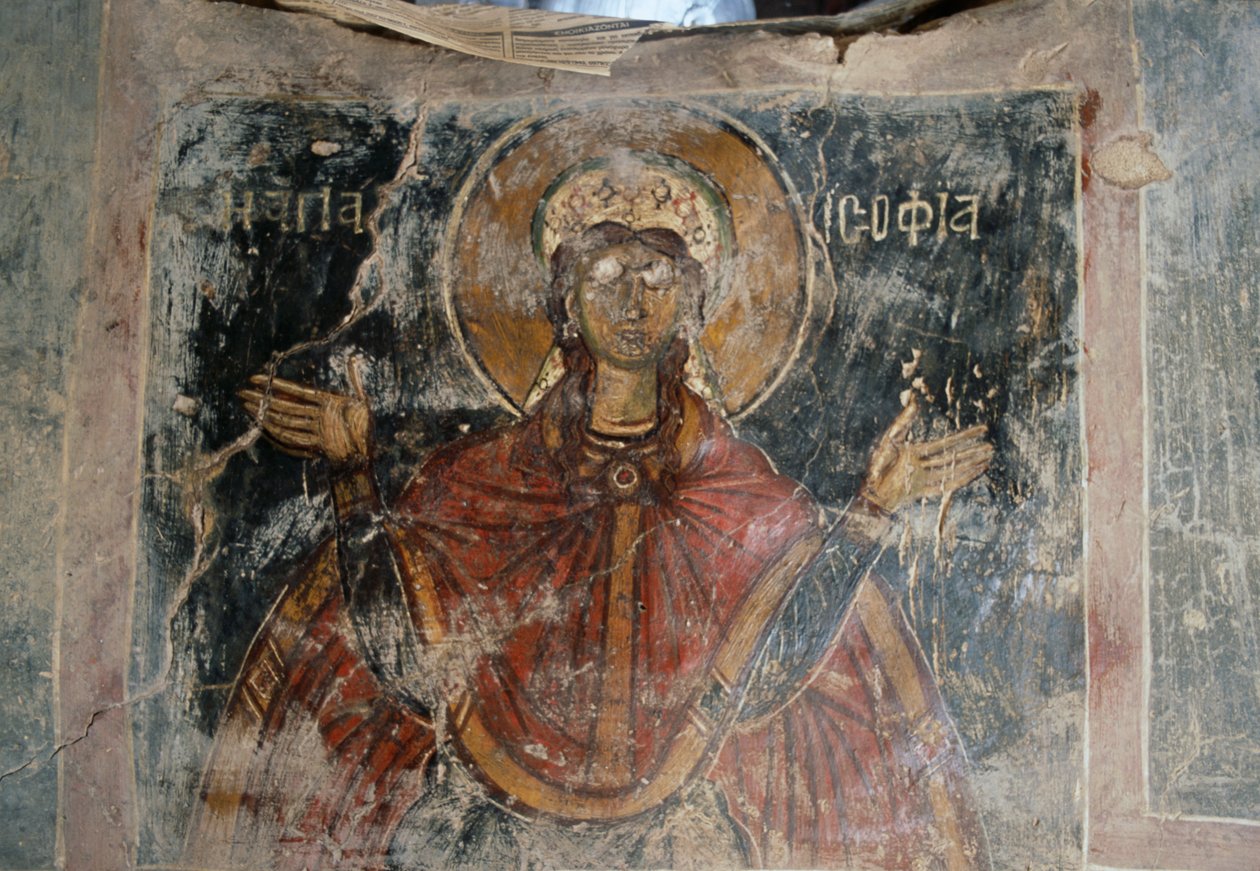 Heilige, beschilderde muren in de kerk van Agios Georgios, Komitades, Kreta, Griekenland (foto) door J.B. and Brown J. Rowbotham