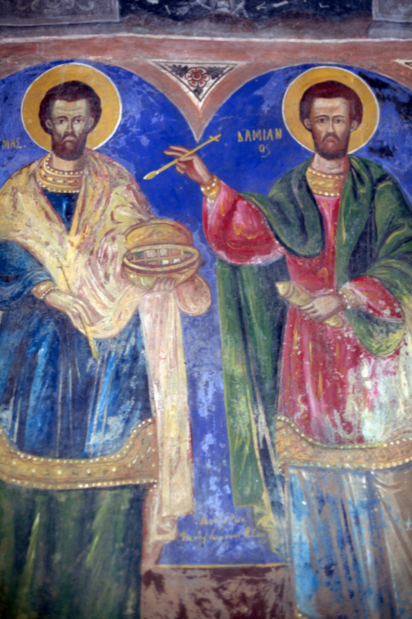 Heiligen Cosmas en Damian, Klooster van Megalo Sotiris, eiland Symi, Griekenland (foto) door J.B. and Brown J. Rowbotham