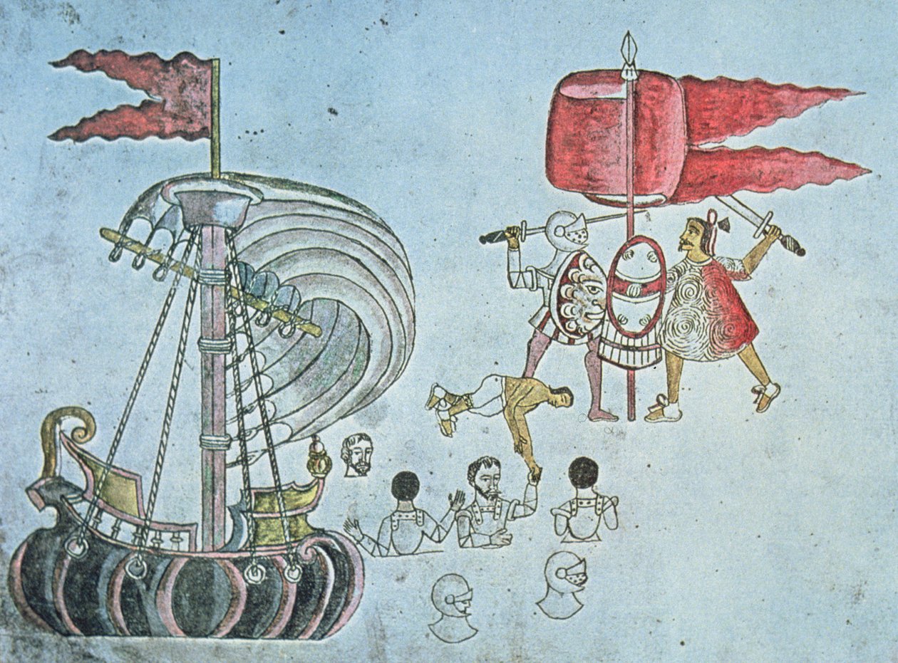 Spaanse soldaten van Hernan Cortes waden aan land in 1519 om de Azteken te bevechten, gekopieerd uit de Codex Azcatitlan, ca. 1550 door J.B. and Brown J. Rowbotham