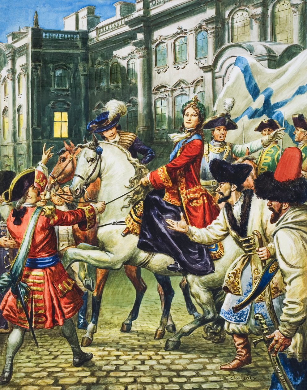 Catharina de Grote (1729-96) wordt keizerin van Rusland nadat haar man, tsaar Peter, gevangen is gezet (gouache op papier) door C.L. Doughty