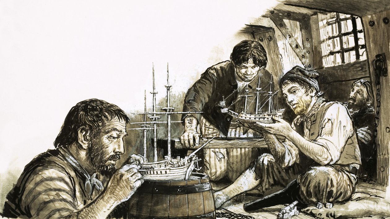 Franse krijgsgevangenen uit de Napoleontische oorlogen maken modelschepen door C.L. Doughty