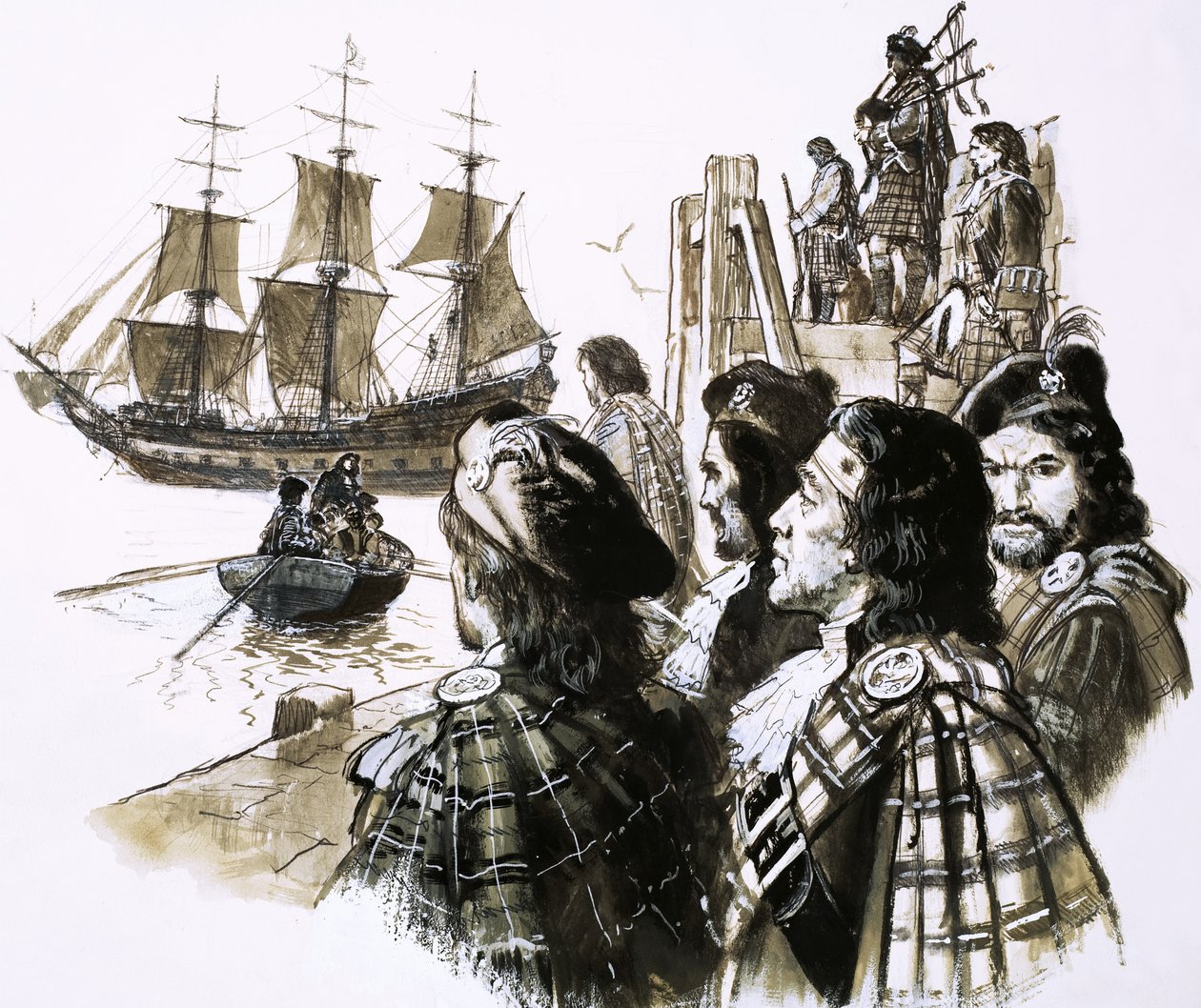 James II keert terug naar Frankrijk na de nederlaag van zijn aanhangers in de Slag bij Sherrifmuir door C.L. Doughty