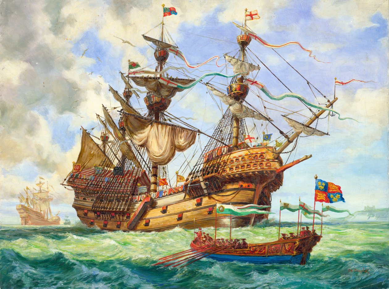 De Grote Harry, vlaggenschip van de vloot van koning Hendrik, met veel van zijn 251 kanonnen (gouache op papier) door C.L. Doughty