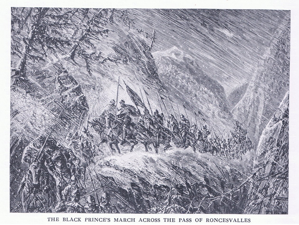 De mars van de Zwarte Prins over de Pas van Roncesvalles, uit Cassells History of the British People gepubliceerd door de Waverley Book Company Limited, ca. 1940 door C.O. Murray
