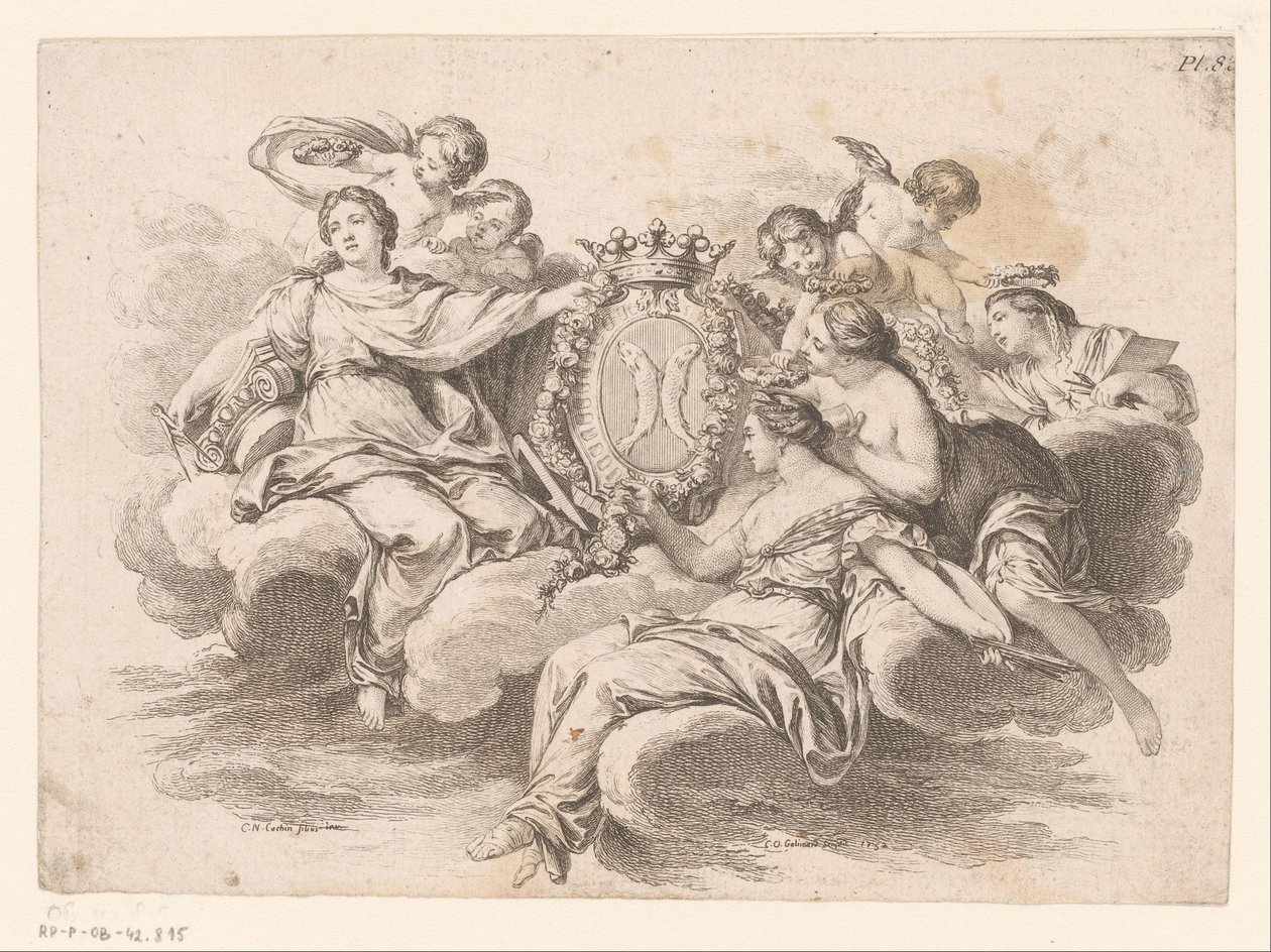 Allegorische voorstelling met figuren op een wolk door C.O. Gelirnard