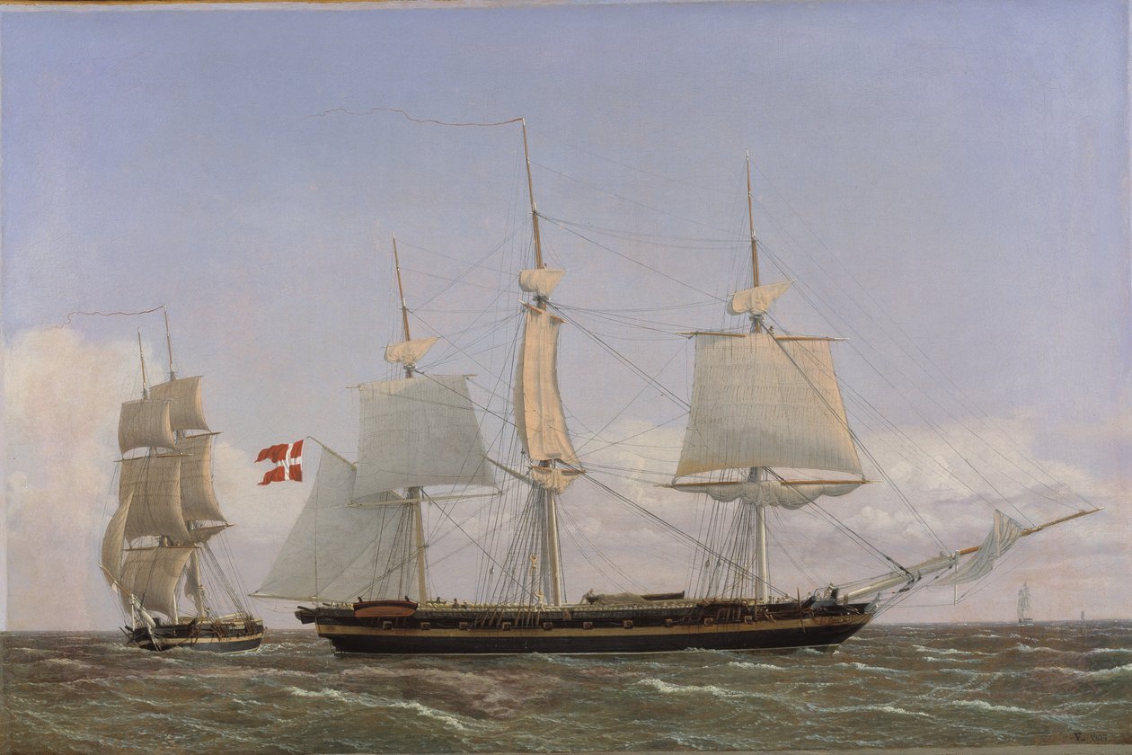 Een Deense Korvet die stopt om te Overleggen met een Deense Brik: De Scene Speelt zich af in West-Indische Wateren door Christoffer Wilhelm Eckersberg
