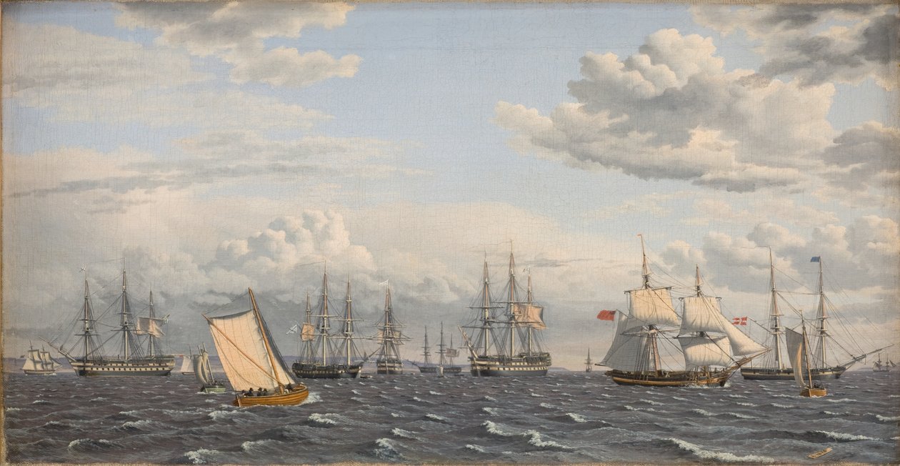 Een Russische vloot voor anker bij Elsinore door Christoffer Wilhelm Eckersberg