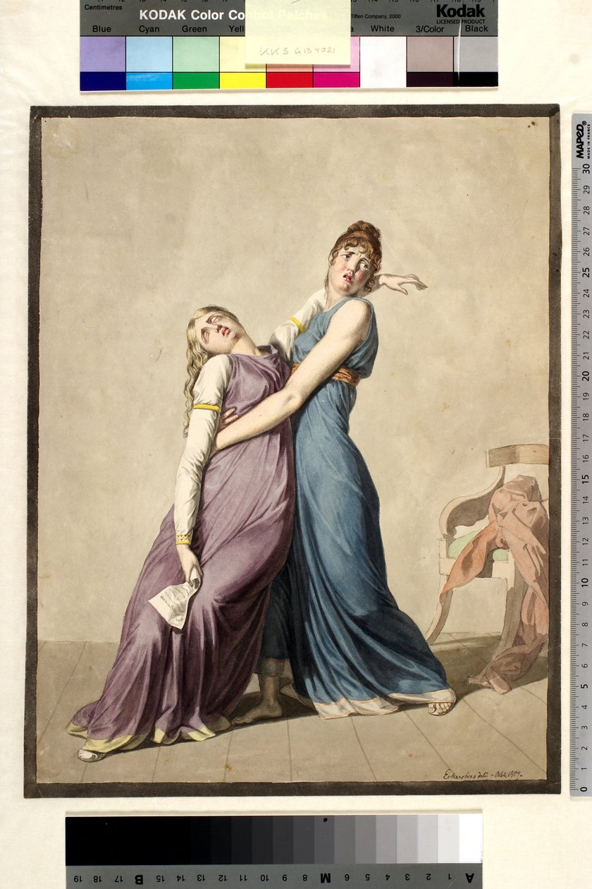 Een vrouw ondersteunt een andere vrouw, die flauwvalt bij het lezen van een brief door Christoffer Wilhelm Eckersberg