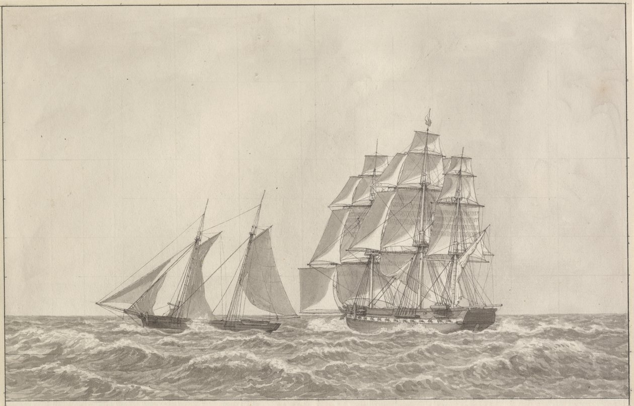 Een schoener die een achtervolgende fregat overloopt door Christoffer Wilhelm Eckersberg