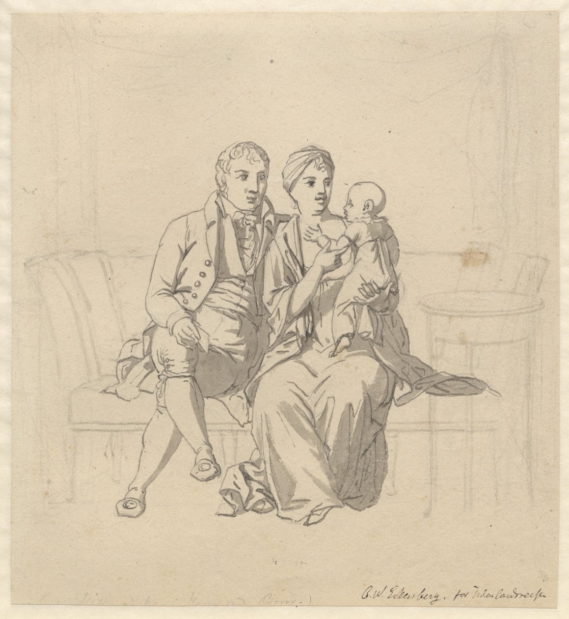 Een jong echtpaar zittend op een bank, zij met een kind op de arm door Christoffer Wilhelm Eckersberg