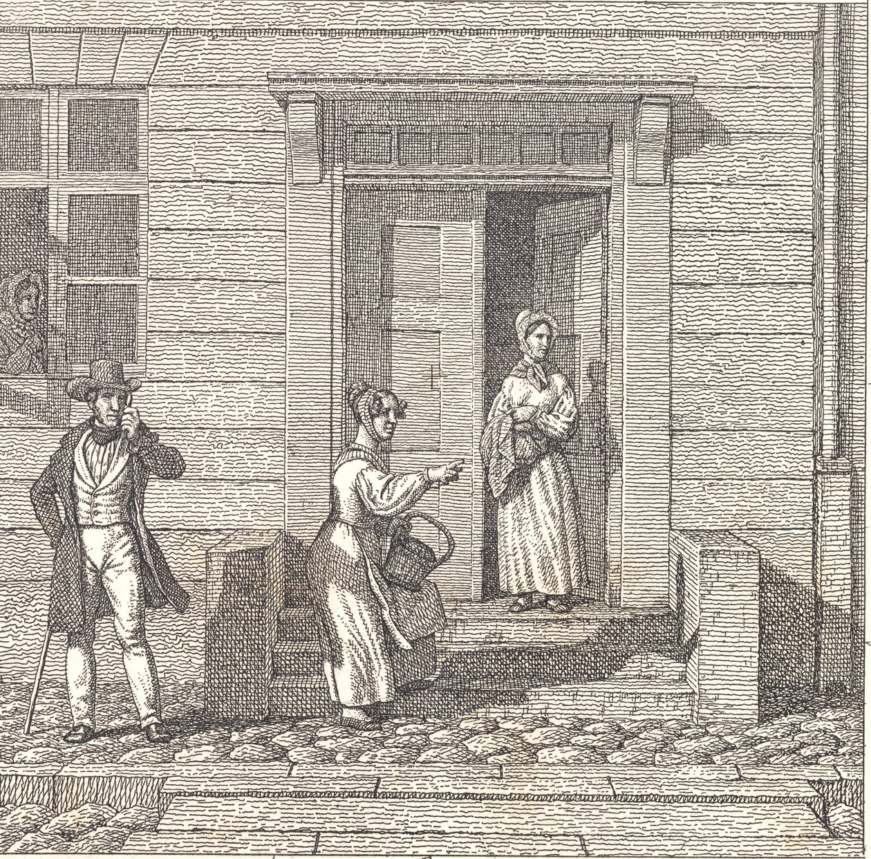 Straatscène, twee meisjes, een heer en een vrouw kijken naar iets door Christoffer Wilhelm Eckersberg