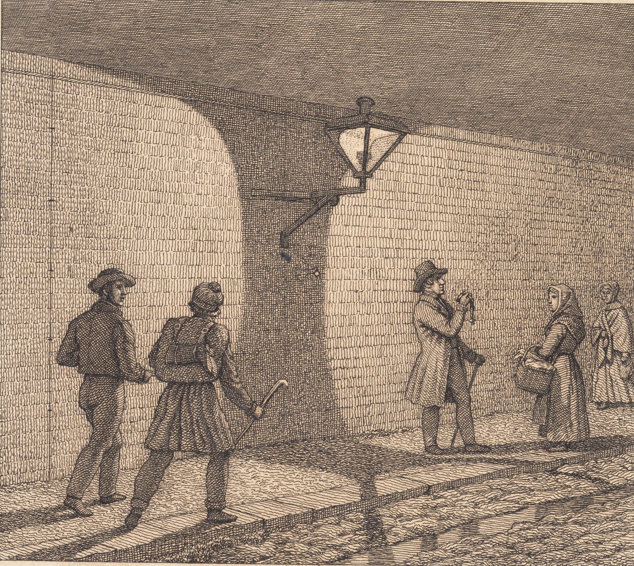 Straatscène bij lantaarnlicht. Illustratie voor "Linearperspectief", Tafel VIII door Christoffer Wilhelm Eckersberg