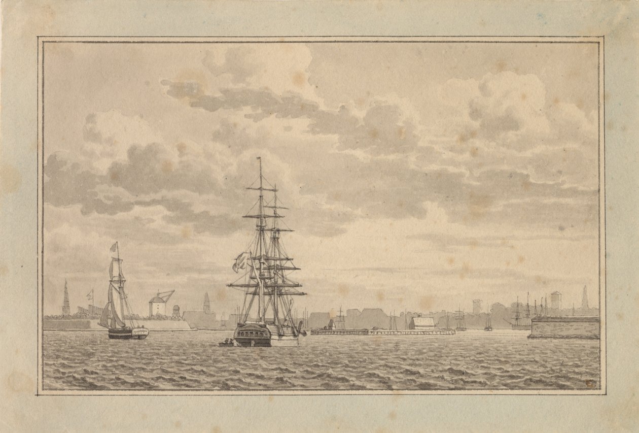 Kopenhagen gezien vanaf de Buitenhaven met een brig voor anker en een varende sloep door Christoffer Wilhelm Eckersberg
