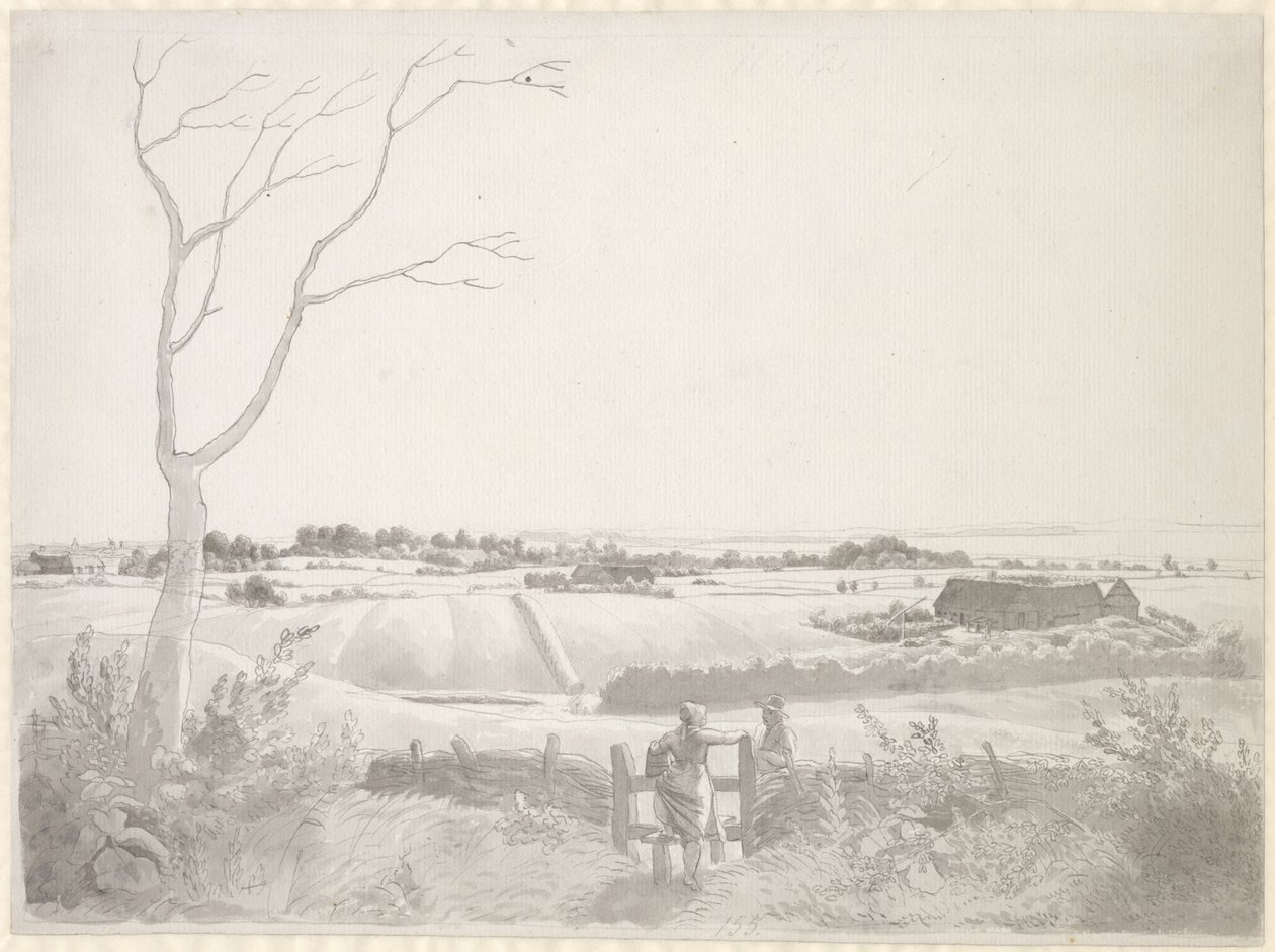 Landschap met boerendochter bij een hek door Christoffer Wilhelm Eckersberg
