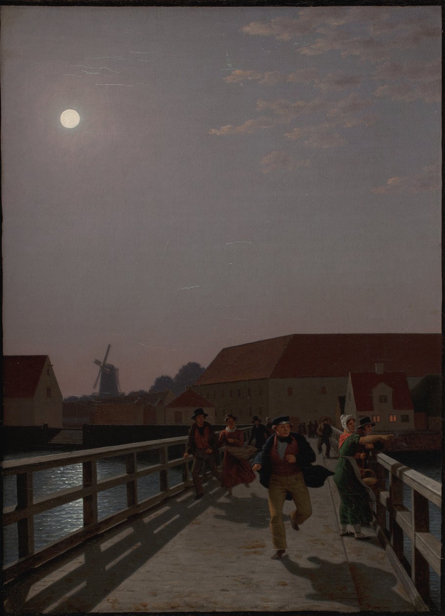 Langebro, Kopenhagen, in het maanlicht met rennende figuren door Christoffer Wilhelm Eckersberg