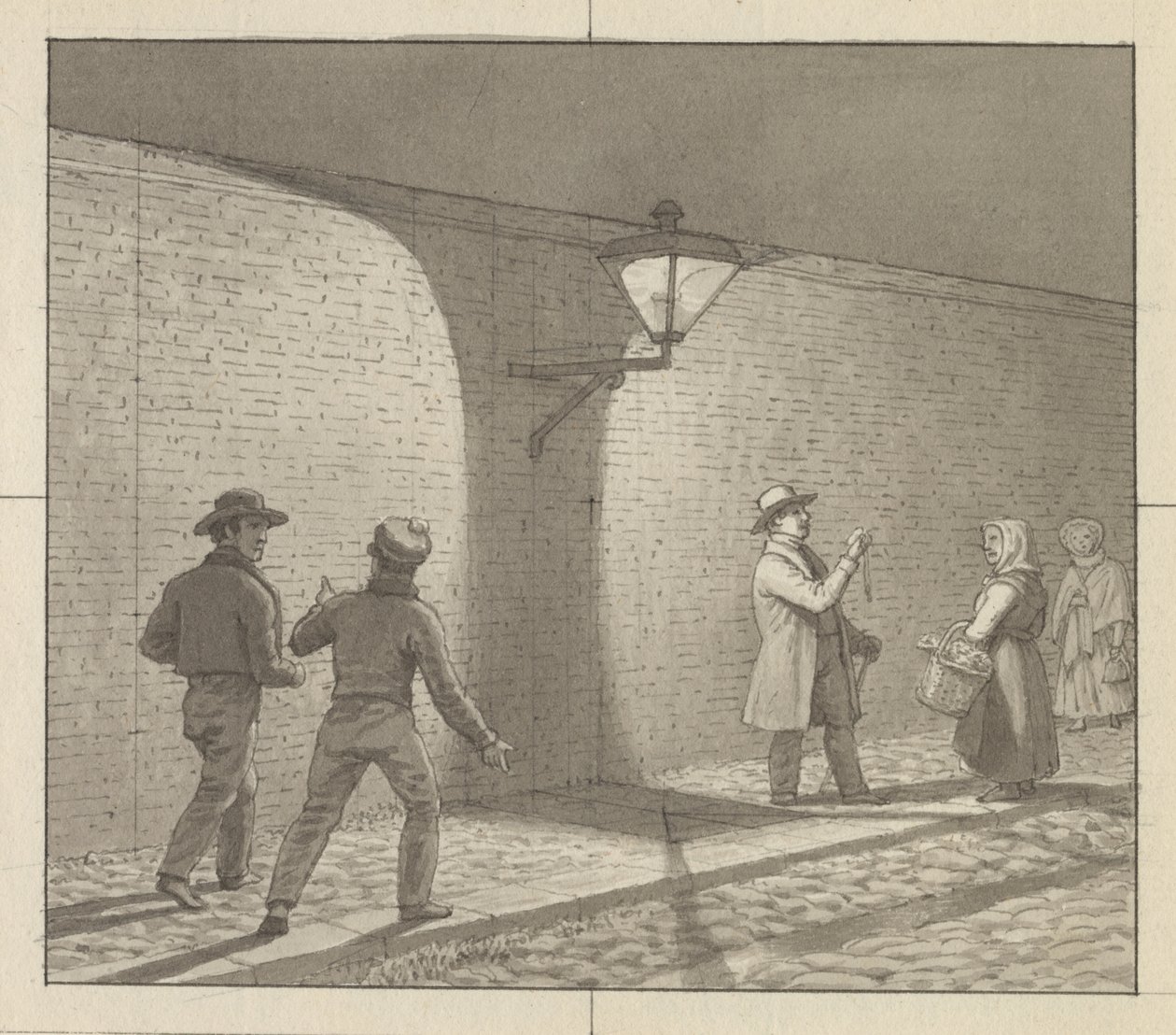 Lineair perspectief toegepast op schilderkunst, Tafel VIII, fig. 1 - Nachtelijke tocht onder de straatlantaarn door Christoffer Wilhelm Eckersberg